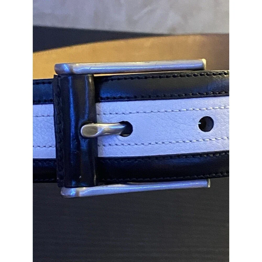 Mezlan Men's Leather Belt Size 36 Black/White diamond cutout Brass Buckle Spain